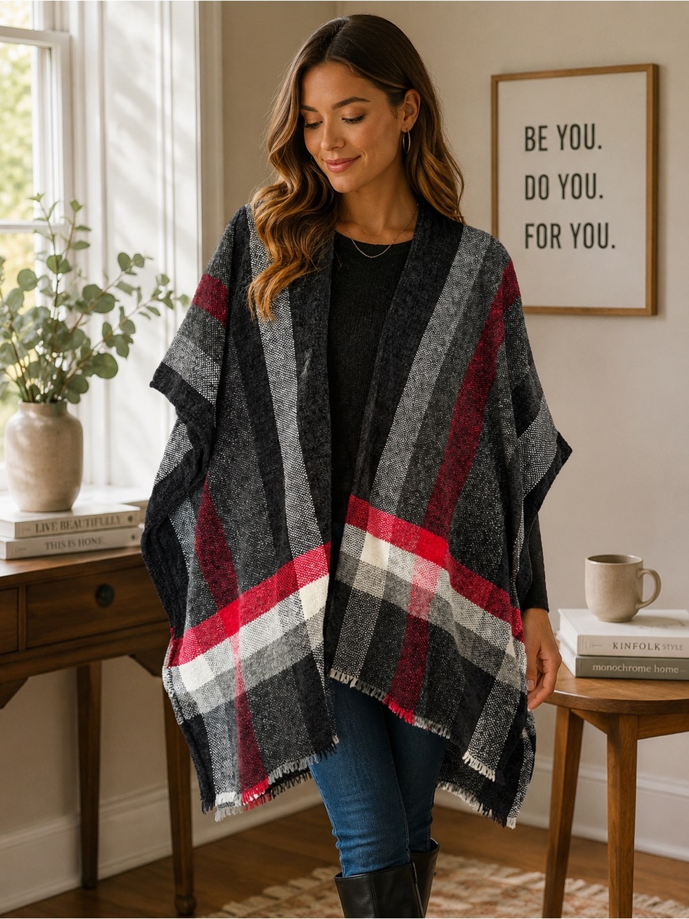 NWT Chenille Nine West Black & Gray Plaid Open-Front Poncho with Wine Stripe
